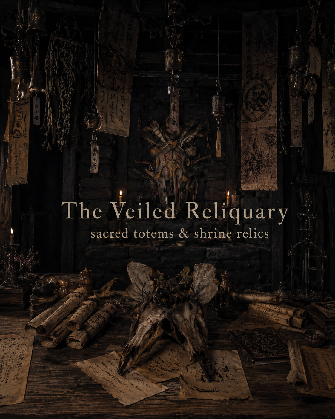 A dark candlelit shrine filled with scrolls, bells, and hanging talismans. A weathered relic hangs on a stone wall while a skull-like artifact rests on a table beneath the title “The Veiled Reliquary.